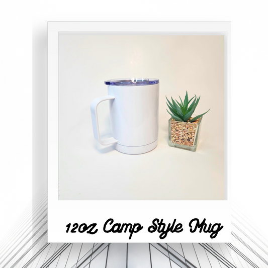 12oz Camp Style Mug, Stainless Steel, Customizable, Hot/Cold, Travel Tumbler