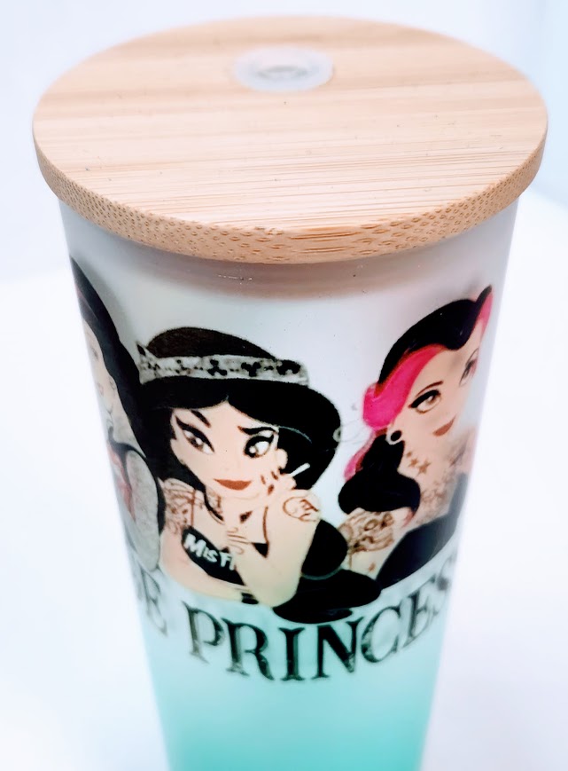 Custom Edgy Princess Glass with Enviro Friendly Bamboo Lid, 25oz Ombre blue
