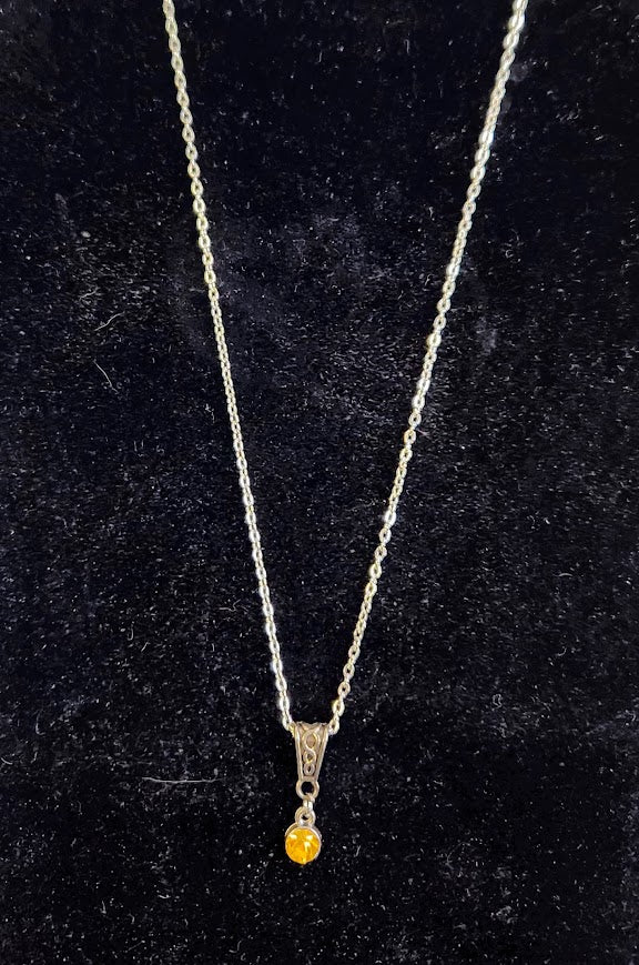 Silver Toned Necklace, 8.5" long, With Orange Crystal/ Artificial Diamond,