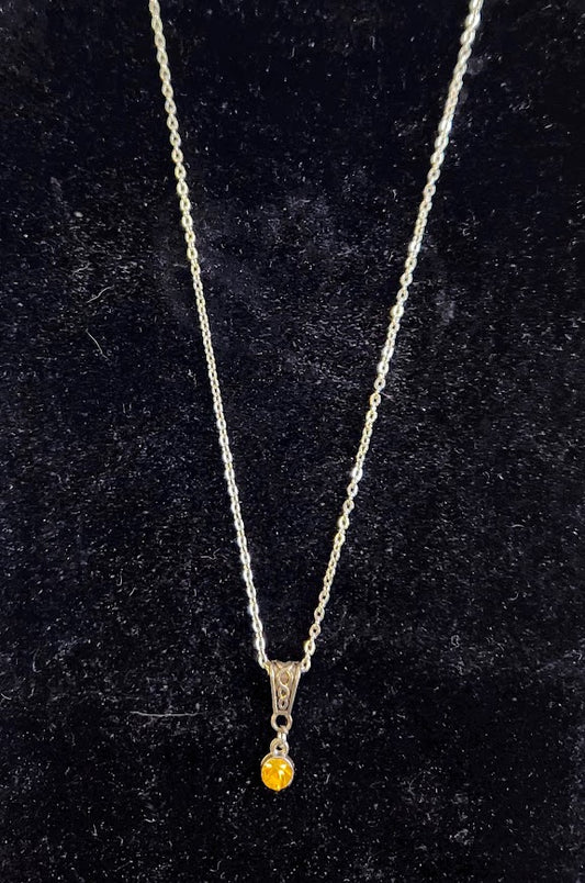 Silver Toned Necklace, 8.5" long, With Orange Crystal/ Artificial Diamond,