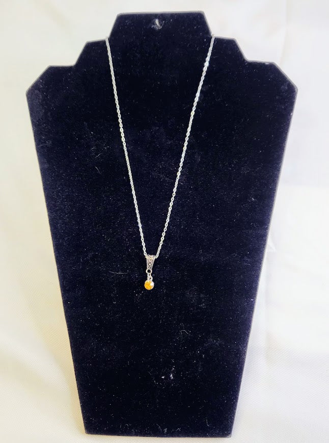 Silver Toned Necklace, 8.5" long, With Orange Crystal/ Artificial Diamond,