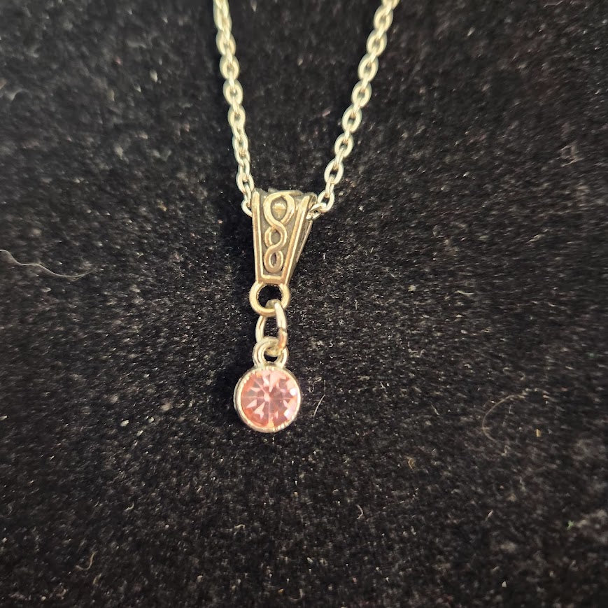 Silver Toned Necklace, 8.5" long, With Orange Crystal/ Artificial Diamond,