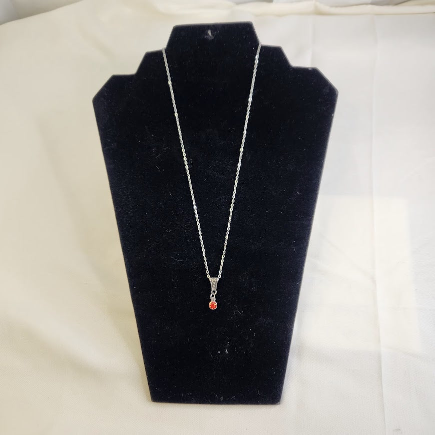 Silver Toned Necklace, 8.5" long, With Orange Crystal/ Artificial Diamond,