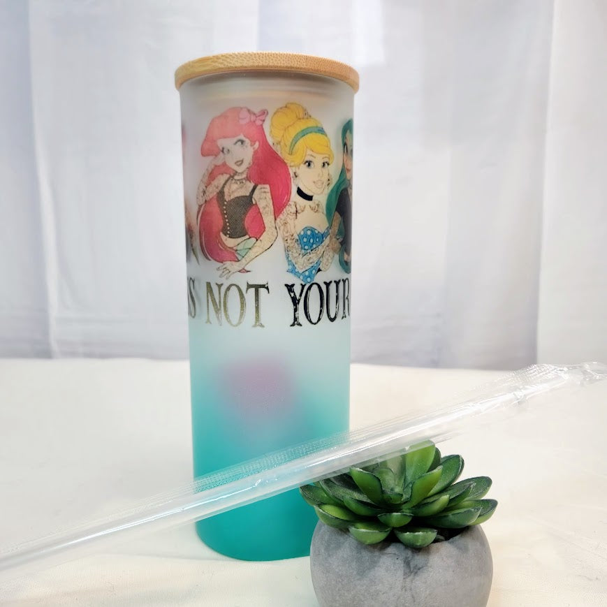 Custom Edgy Princess Glass with Enviro Friendly Bamboo Lid, 25oz Ombre blue