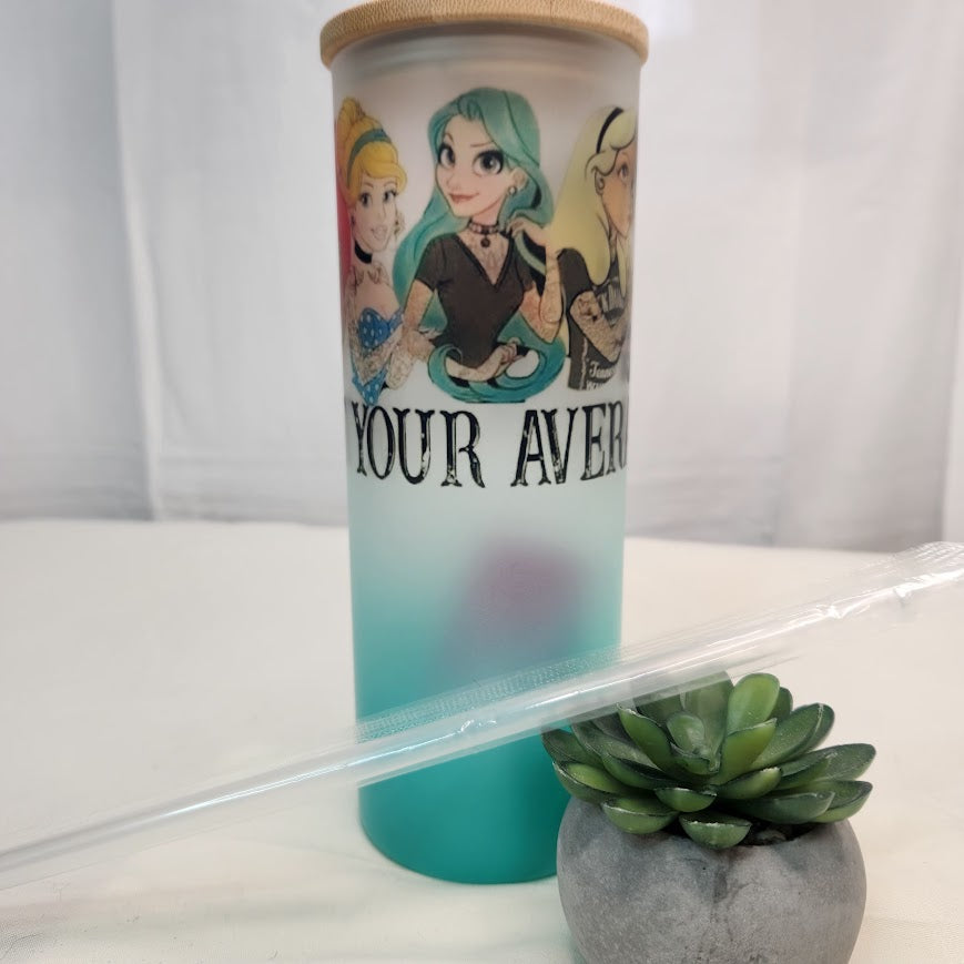 Custom Edgy Princess Glass with Enviro Friendly Bamboo Lid, 25oz Ombre blue