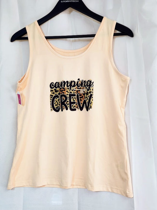 Custom Leopard Print Camping Crew Tank Top, Peach, Size USA S-M