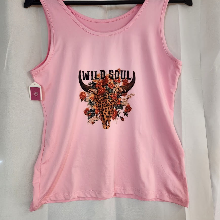 Pink Leopard Print Cow Skull and Flowers " Wild Soul "Tank Top Medium