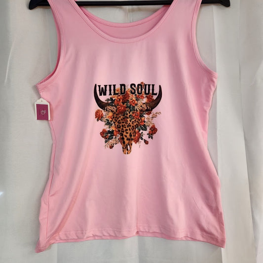 Pink Leopard Print Cow Skull and Flowers " Wild Soul "Tank Top Medium