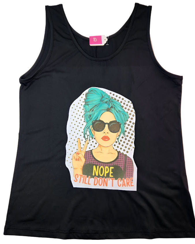 Black tank top with a graphic of a person with blue hair and sunglasses, making a peace sign and the text 'NOPE STILL DON'T CARE'.