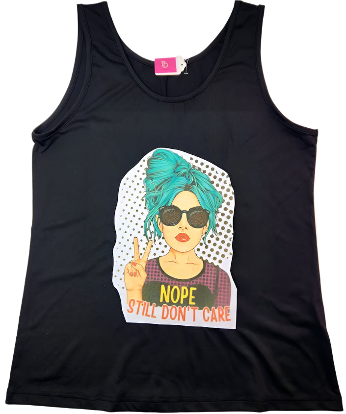 A custom black medium tank top with a graphic print of a girl with punk blue hair and sunglasses making a peace sign.