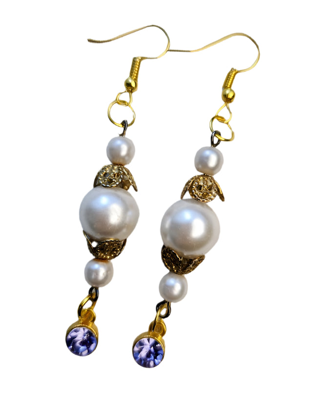 Handcrafted, Earrings with Upcycled Vintage Faux Pearls, Purple Crystal, Dangle, Pierced