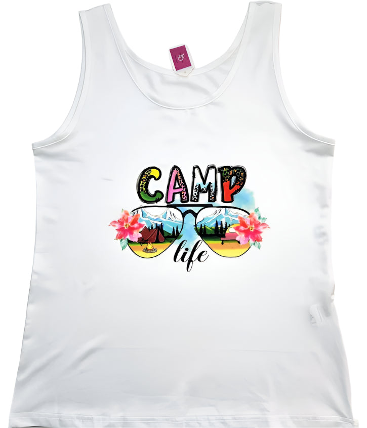 A white tank top with a vibrant graphic that includes the text 'CAMP life', sunglasses, and floral accents.