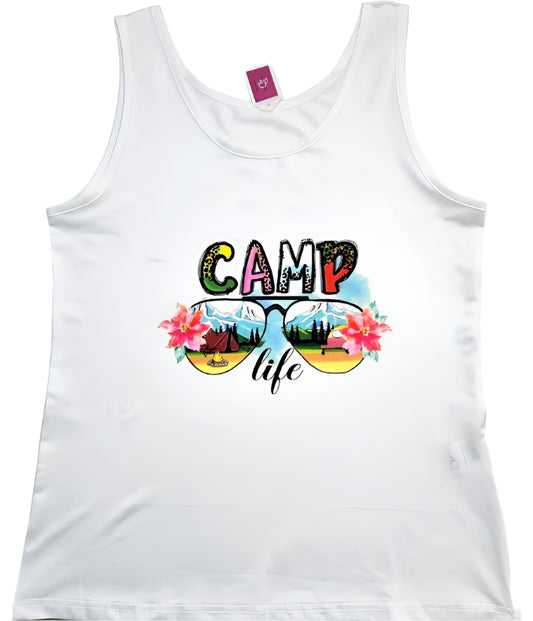 A white tank top with a vibrant graphic that includes the text 'CAMP life', sunglasses, and floral accents.