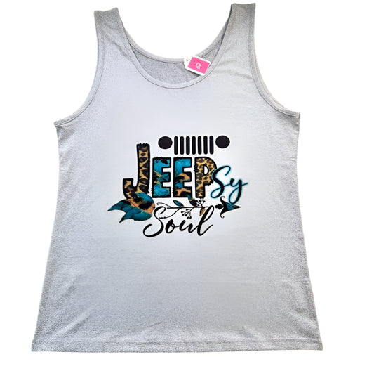 Ladies Medium Grey, Jeep Themed Tank Top, Animal Print Lettering