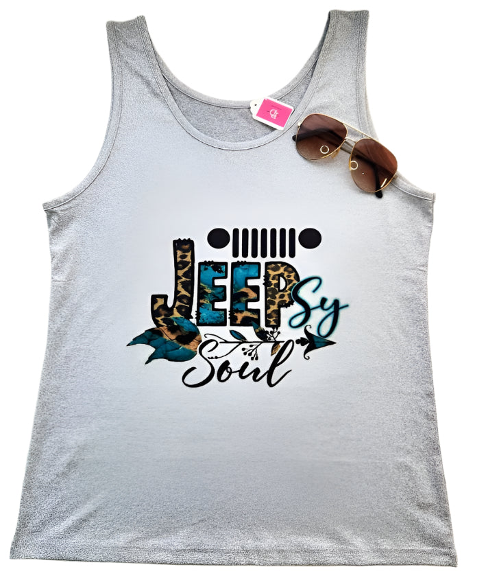 Medium grey tank top with 'JeepSy Soul' text and animal print design on the front, displayed on a white background with sunglasses placed on top.