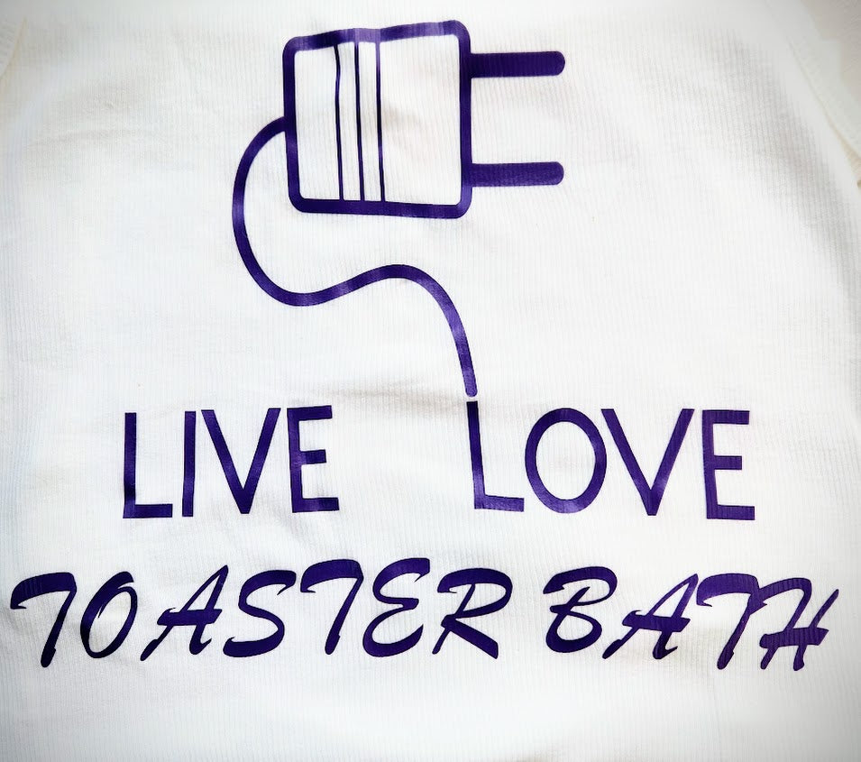 Large, White Long Tank Top, " Live Love Toaster Bath" Vinyl Decal