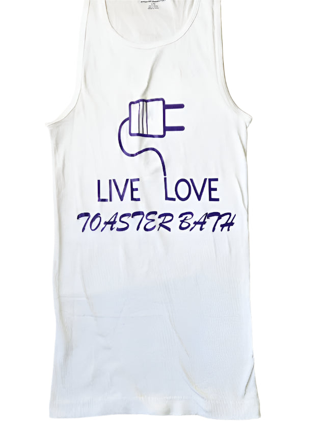 White long tank top with 'Live Love Toaster Bath' vinyl decal in purple.