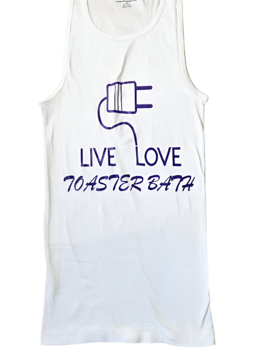 White long tank top with 'Live Love Toaster Bath' vinyl decal in purple.
