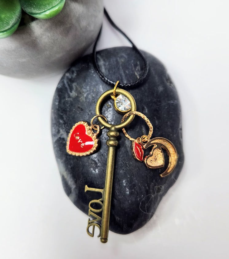 Antique Key Love Charm Adjustable Corded Necklace Handcrafted