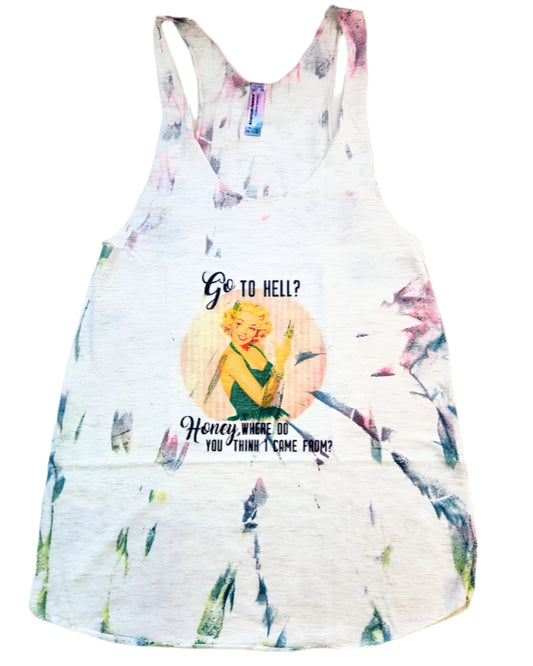 A custom hand-dyed multicolor tank top with a vintage graphic design.