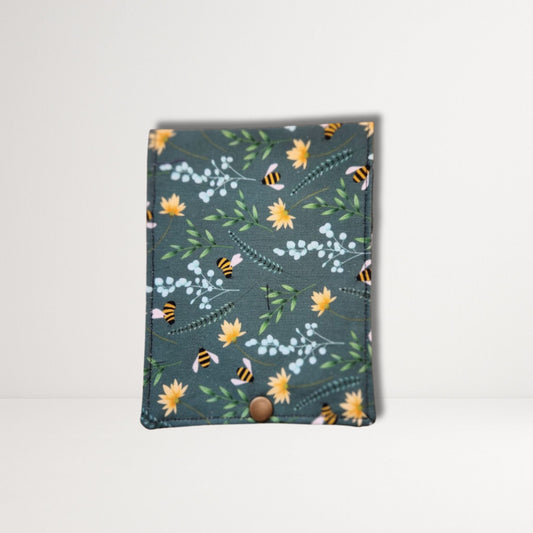 Green Bee Fabric Sanitary Pouch With Snap Closure For Pads & Tampons