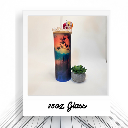 25oz Glass Tumbler with Mountains | Bamboo Lid Cold Drink Cup