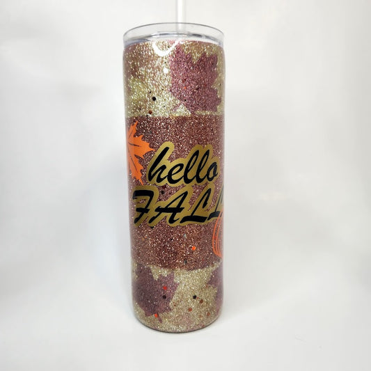 "Hello Fall" Hand Glittered Tumbler, Travel Mug, Stainless Steel, Coffee Mug