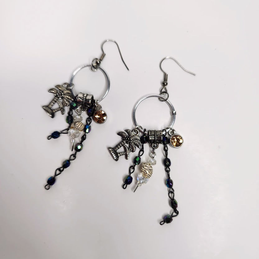 Handcrafted Silver Palm Tree Charm Earrings With Sea Shells And Crystal Charm