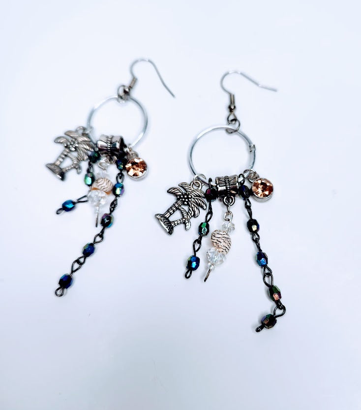 Handcrafted Silver Palm Tree Charm Earrings With Sea Shells And Crystal Charm