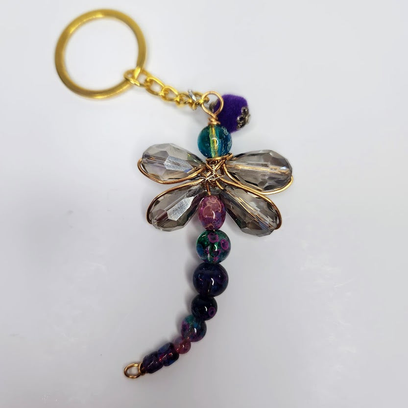 Handcrafted Copper Wire Dragonfly Keychain With Mu Cltiolor Beads