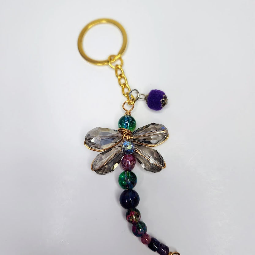 Handcrafted Copper Wire Dragonfly Keychain With Mu Cltiolor Beads