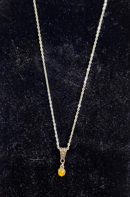 Silver Toned Necklace, 8.5" long, With Orange Crystal/ Artificial Diamond,