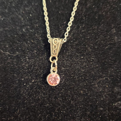 Silver Toned Necklace, 8.5" long, With Orange Crystal/ Artificial Diamond,