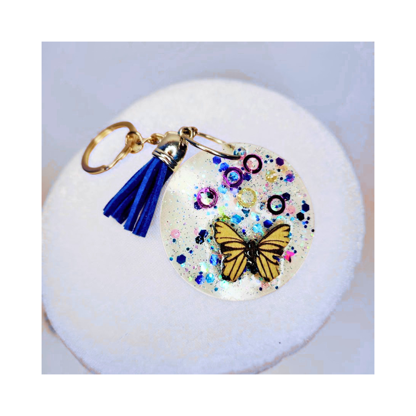 Handmade Butterfly Glitter Keychain with Blue Tassel