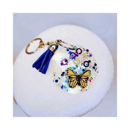 Handmade Butterfly Glitter Keychain with Blue Tassel