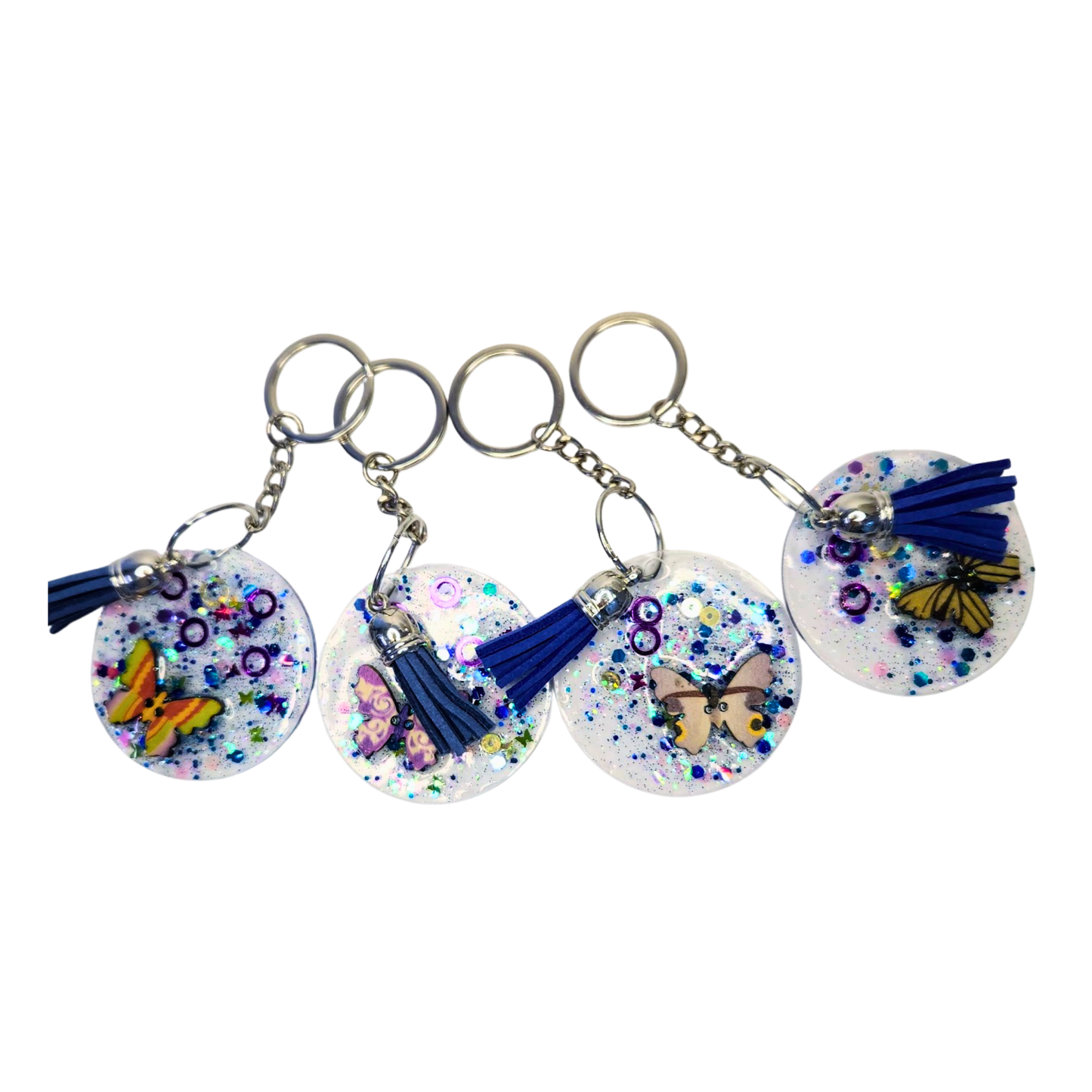 Handmade Butterfly Glitter Keychain with Blue Tassel