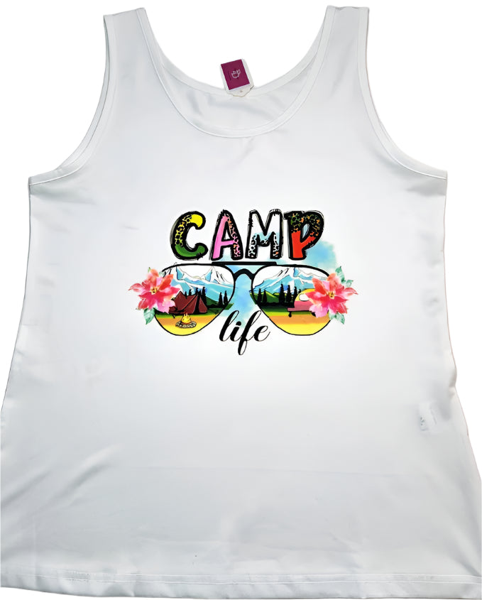 White tank top with 'Camp Life' graphic design on a white background