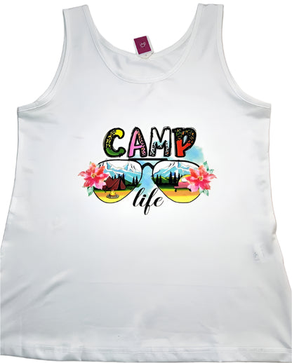 White tank top with 'Camp Life' graphic design on a white background