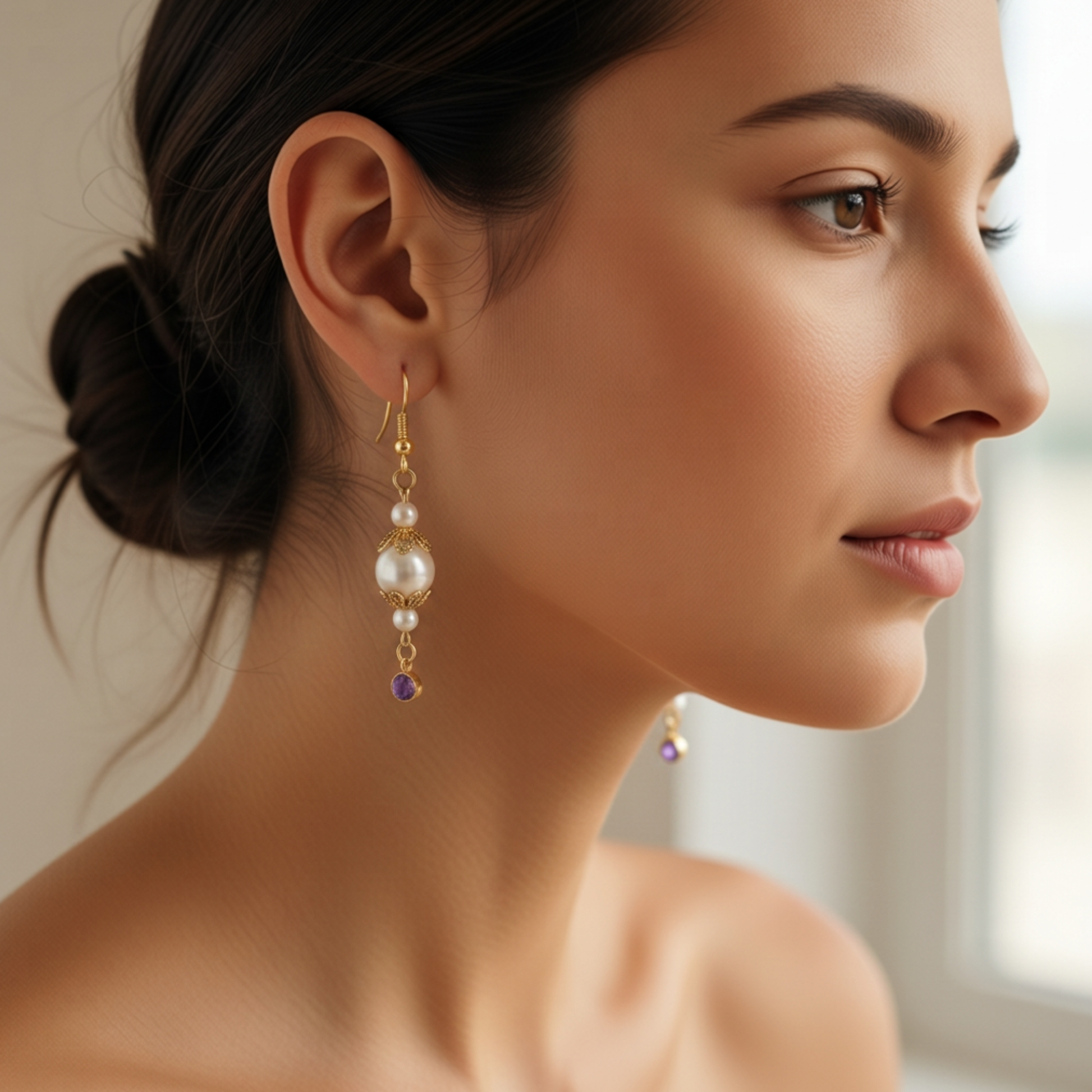 A close-up side profile of a woman wearing a delicate gold dangle earring with white pearls and a small purple accent, set against a soft, bright background.
