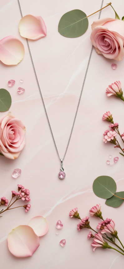 A delicate silver chain necklace with a round pink gemstone pendant, styled in a flat-lay arrangement with pink roses, green leaves, and small pink flowers on a soft pink background.