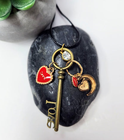 Handcrafted Antique Key Love Charm Necklace | Adjustable Corded Romantic Jewelry