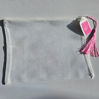 A light gray fabric pouch with a zipper closure and a pink tassel tag, photographed on a plain light background.