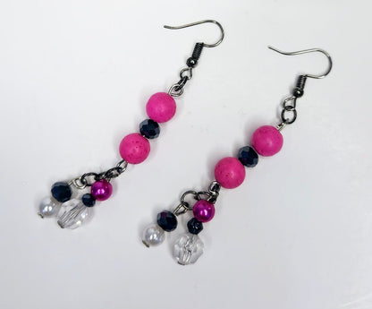 Handmade Pink Boho Beaded Necklace & Dangle Earring Set – Rose Gold-Tone