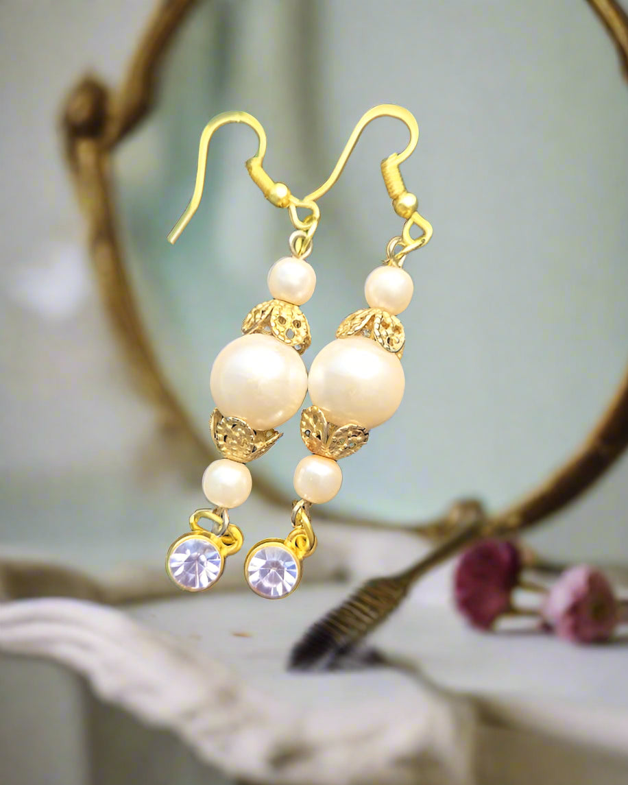 Handcrafted, Earrings with Upcycled Vintage Faux Pearls, Purple Crystal, Dangle, Pierced