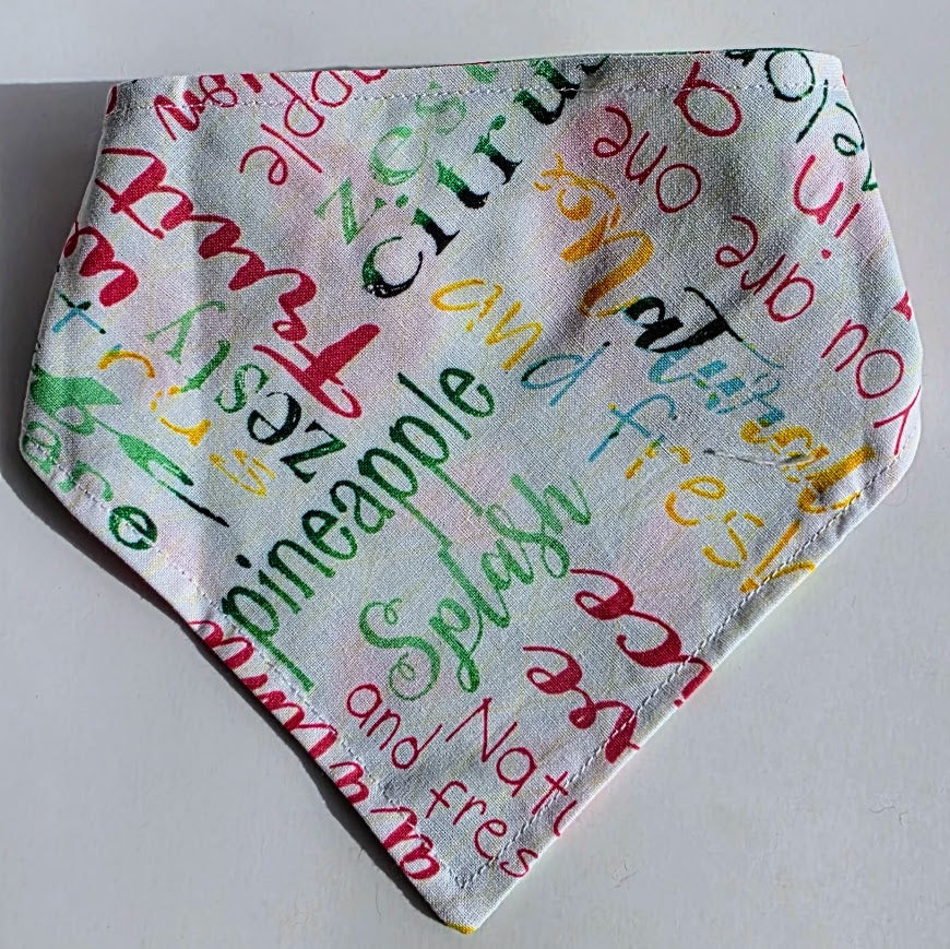 A triangular bandana-style pet collar or bib made of white fabric with a colorful all-over text print featuring words like citrus, pineapple, splash, and nature.