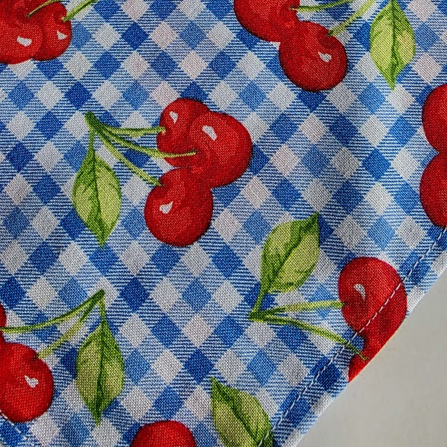A close-up of a fabric product featuring a blue and white gingham check pattern overlaid with a repeating print of red cherries with green leaves.