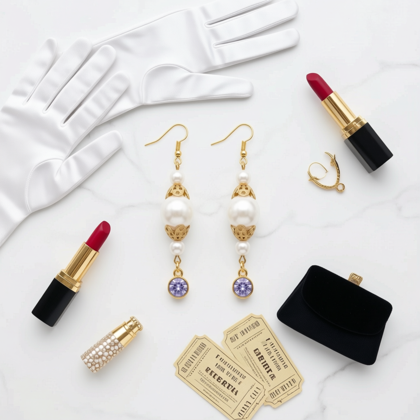 A styled flat-lay of vintage-inspired accessories on a white marble background, featuring a pair of gold and pearl drop earrings with purple floral charms, a white glove, a black velvet clutch, lipstick tubes, a rhinestone-covered cigarette case, and two gold tickets.