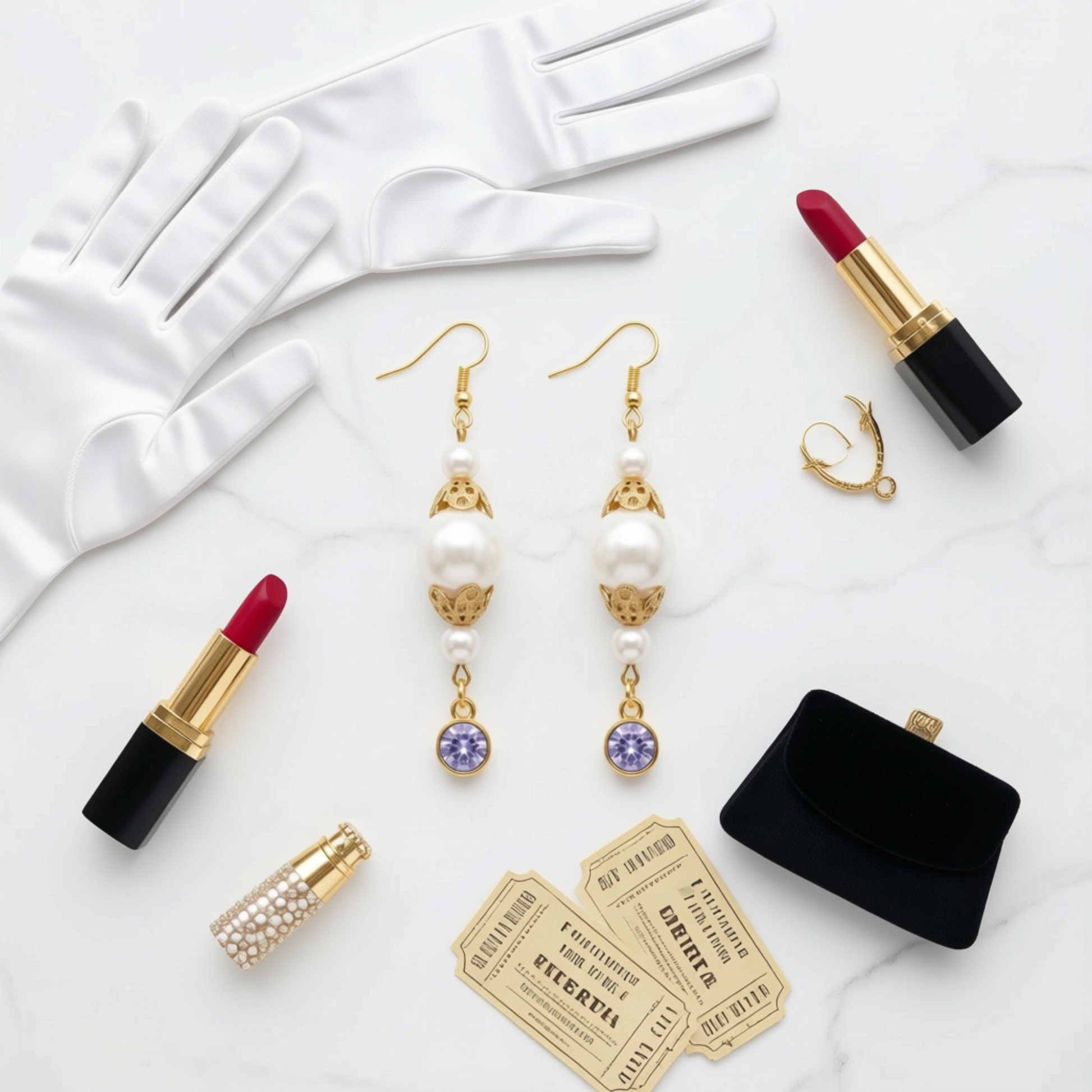 A styled flat-lay of vintage-inspired accessories on a white marble background, featuring a pair of gold and pearl drop earrings with purple floral charms, a white glove, a black velvet clutch, lipstick tubes, a rhinestone-covered cigarette case, and two gold tickets.