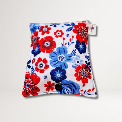 Fabric Flower Red, White, Blue Sanitary Pouch for Pads | Reusable Snap Closure Period Essentials Pouch