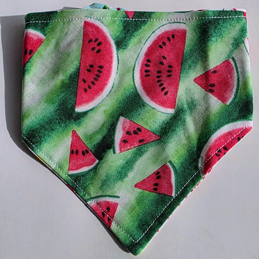 A scrunchie bandana-style pet collar or bib featuring a watermelon slice print on a green striped background, photographed on a plain light surface.